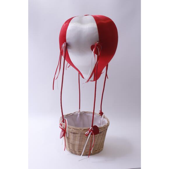 1980s Red-White Hot Air Balloon with Wicker Basket, 21 inches, Valentine's Day - Picture 2 of 3